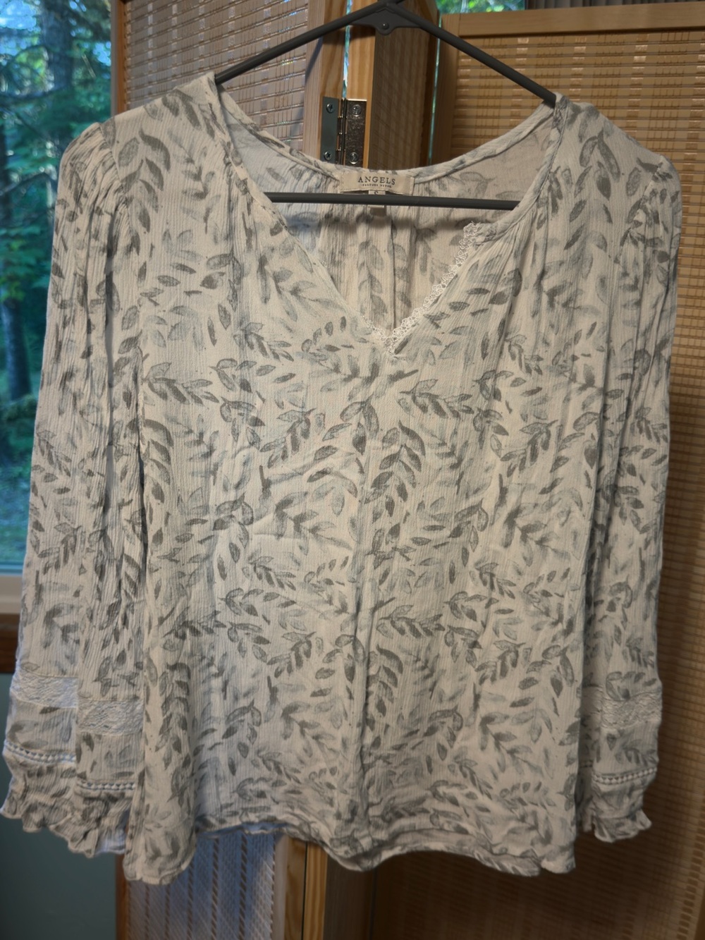 Angels White Blouse with Green Leaf Pattern and Lace Trim